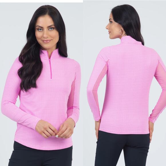 Ibkul Top Womens XL Hot Pink White Mini Check Long Sleeve Mock Neck 1/4 Zip Golf - Picture 1 of 8